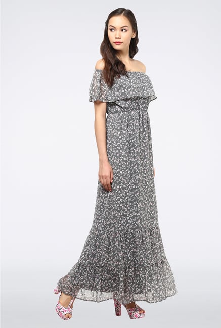 Femella Grey Off Shoulder Ruffle Maxi Dress Femella Grey Off Shoulder Ruffle Maxi Dress