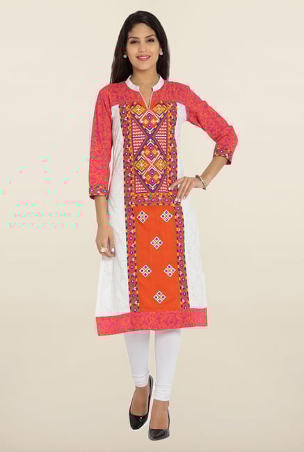 Soch White & Orange Embroidered Cotton Kurta Soch White & Orange Embroidered Cotton Kurta