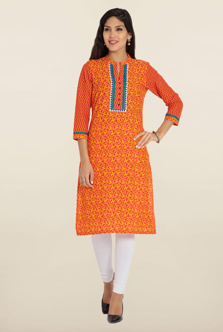 Soch Orange & Yellow Printed Cotton Kurta Soch Orange & Yellow Printed Cotton Kurta