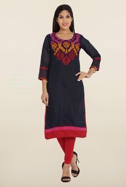 Soch Navy Blue & Red Chanderi Silk Kurta Soch Navy Blue & Red Chanderi Silk Kurta