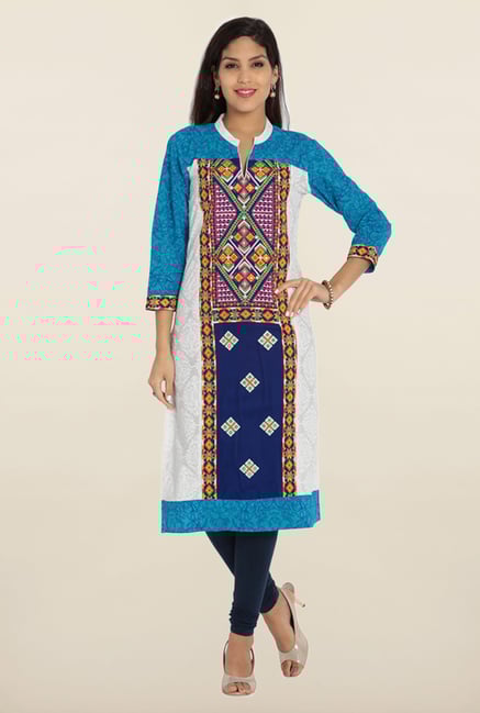 Soch White & Royal Blue Embroidered Cotton Kurta Soch White & Royal Blue Embroidered Cotton Kurta