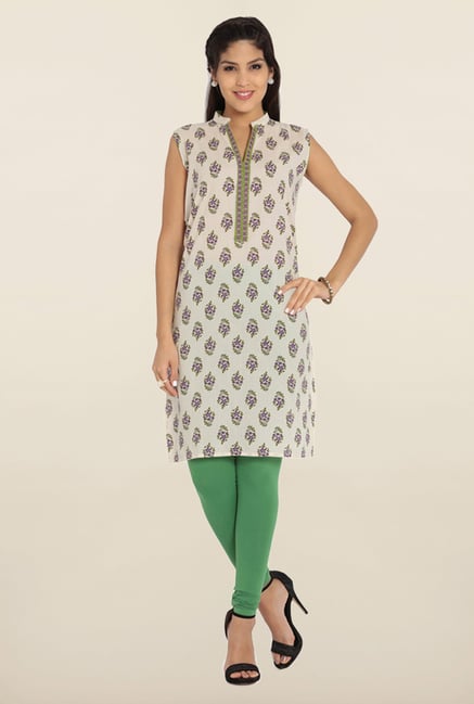 Soch Beige & Green Floral Printed Cotton Kurta Soch Beige & Green Floral Printed Cotton Kurta