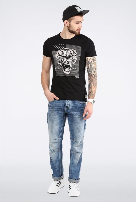Jack & Jones Black Printed Crew Neck T-Shirt Jack & Jones Black Printed Crew Neck T-Shirt