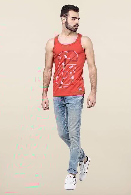Jack & Jones Red Scoop Neck Printed Vest Jack & Jones Red Scoop Neck Printed Vest