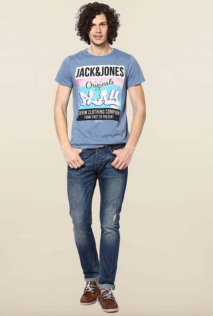 Jack & Jones Blue Cotton Printed T-Shirt Jack & Jones Blue Cotton Printed T-Shirt