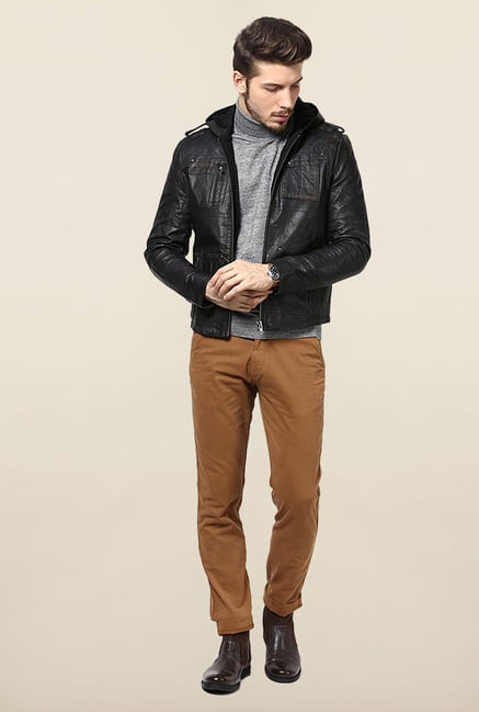 Jack & Jones Black Hooded Leather Jacket Jack & Jones Black Hooded Leather Jacket