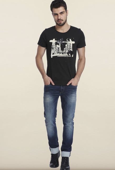 Jack & Jones Black Graphic Printed Neck T-Shirt Jack & Jones Black Graphic Printed Neck T-Shirt