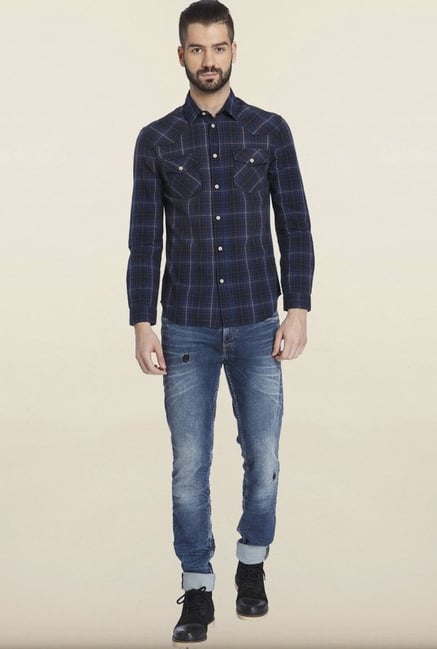 Jack & Jones Navy Checks Cotton Casual Shirt Jack & Jones Navy Checks Cotton Casual Shirt