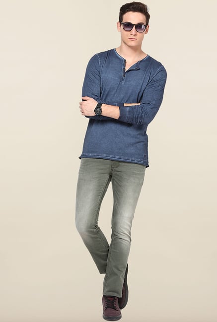 Jack & Jones Blue Solid Henley T-Shirt Jack & Jones Blue Solid Henley T-Shirt