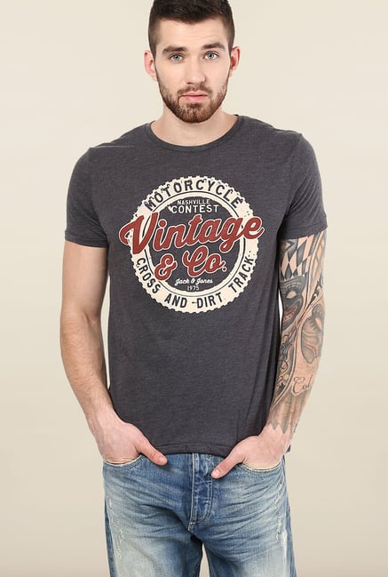 Jack & Jones Dark Grey Printed T-Shirt Jack & Jones Dark Grey Printed T-Shirt