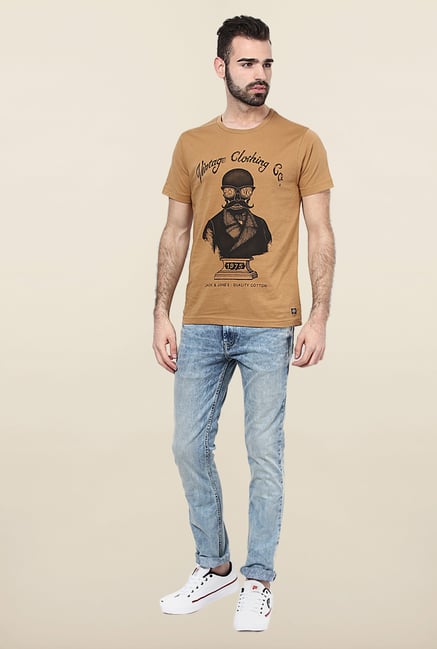 Jack & Jones Brown Round Neck Printed T-Shirt Jack & Jones Brown Round Neck Printed T-Shirt