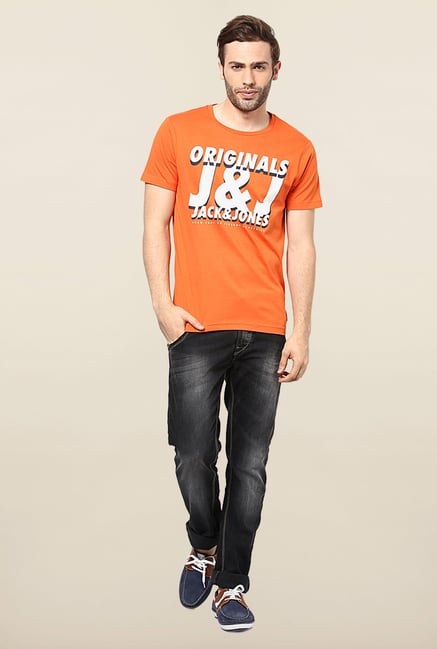 Jack & Jones Orange Round Neck Printed T-Shirt Jack & Jones Orange Round Neck Printed T-Shirt