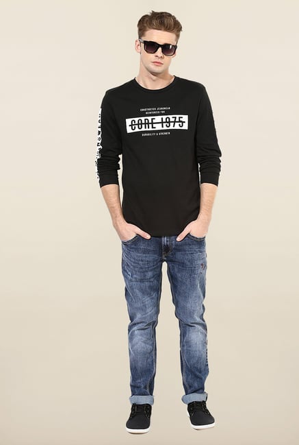 Jack & Jones Black Printed Full Sleeves T-Shirt Jack & Jones Black Printed Full Sleeves T-Shirt