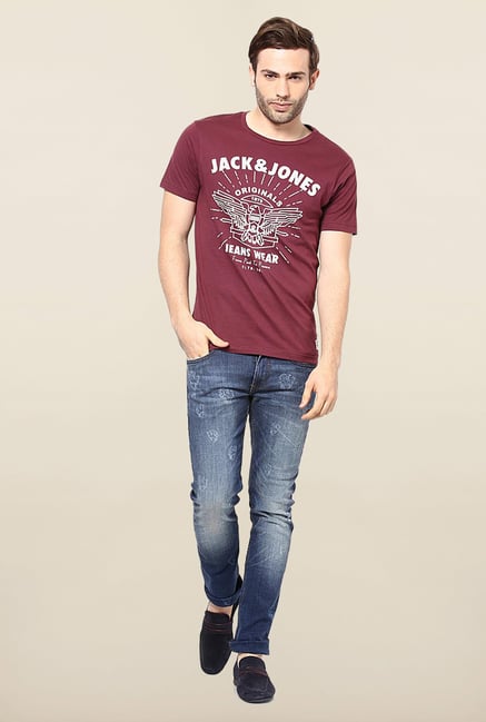 Jack & Jones Maroon Round Neck Printed T-Shirt Jack & Jones Maroon Round Neck Printed T-Shirt