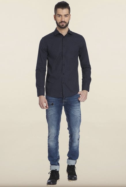 Jack & Jones Navy Dot Print Cotton Casual Shirt Jack & Jones Navy Dot Print Cotton Casual Shirt