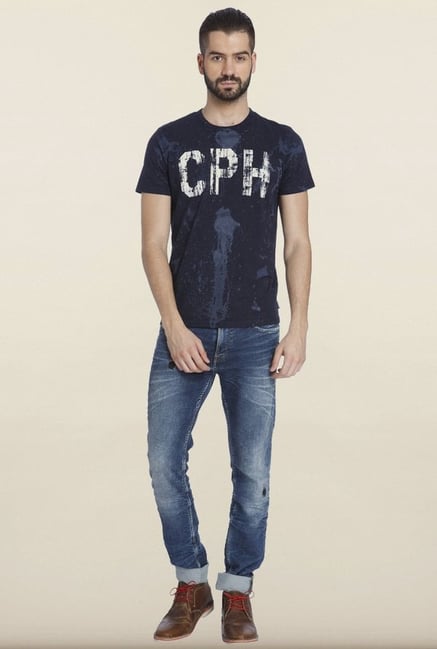 Jack & Jones Navy Printed Cotton T-shirt Jack & Jones Navy Printed Cotton T-shirt