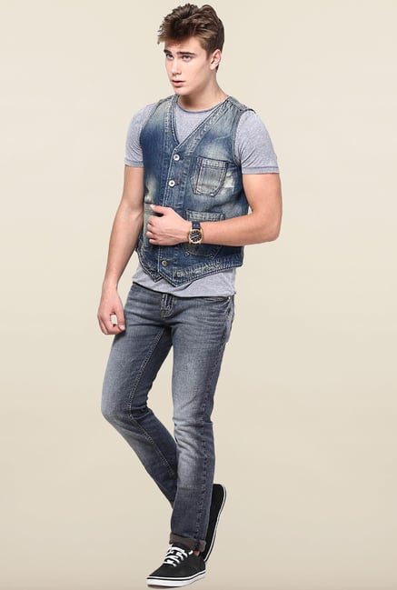 Jack & Jones Blue Distressed Waistcoat Jack & Jones Blue Distressed Waistcoat