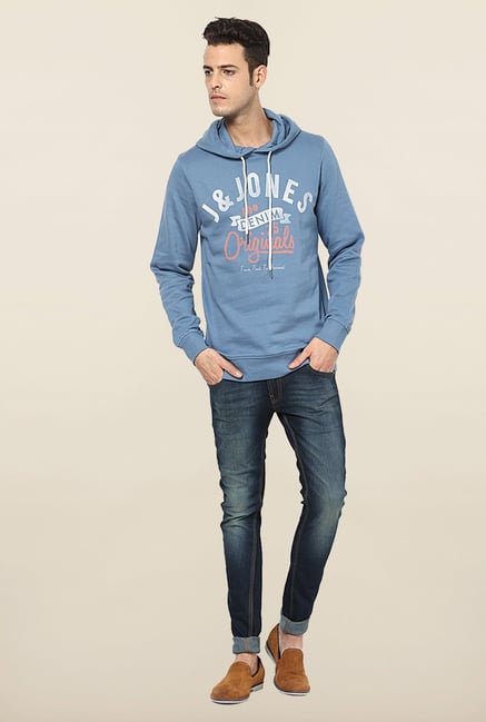 Jack & Jones Light Blue Printed Hoodie Jack & Jones Light Blue Printed Hoodie