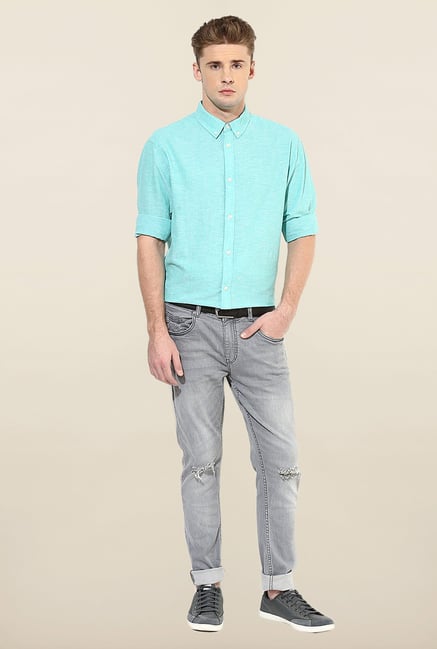 Jack & Jones Aqua Blue Solid Casual Shirt Jack & Jones Aqua Blue Solid Casual Shirt