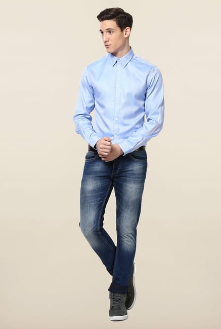 Jack & Jones Blue Self Printed Cotton Casual Shirt Jack & Jones Blue Self Printed Cotton Casual Shirt