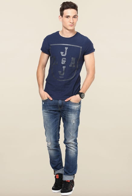 Jack & Jones Blue Printed Cotton T-Shirt Jack & Jones Blue Printed Cotton T-Shirt