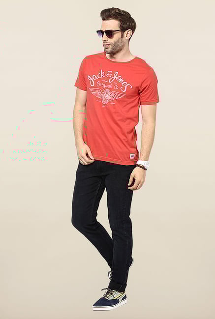 Jack & Jones Orange Printed Cotton T-Shirt Jack & Jones Orange Printed Cotton T-Shirt