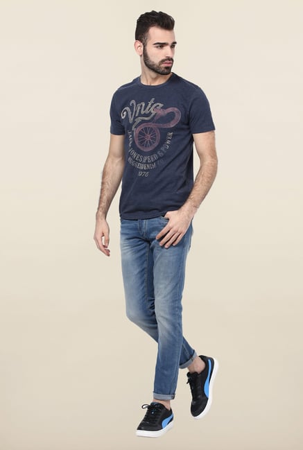 Jack & Jones Navy Printed Cotton T-Shirt Jack & Jones Navy Printed Cotton T-Shirt