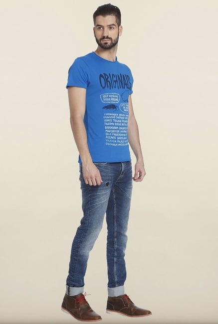 Jack & Jones Blue Printed Cotton T-Shirt Jack & Jones Blue Printed Cotton T-Shirt
