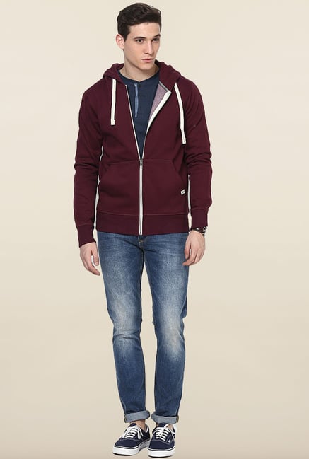 Jack & Jones Maroon Solid Hoodie Jack & Jones Maroon Solid Hoodie