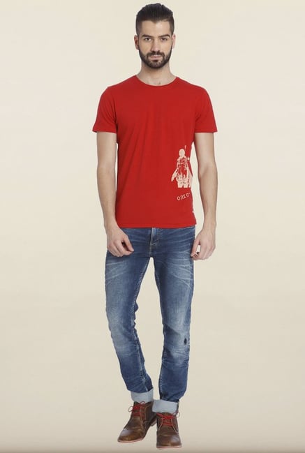 Jack & Jones Red Printed Cotton T-Shirt Jack & Jones Red Printed Cotton T-Shirt