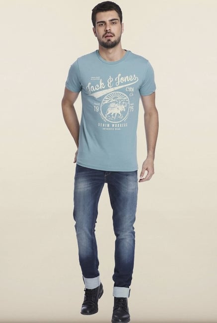Jack & Jones Light Blue Print Crew T-shirt Jack & Jones Light Blue Print Crew T-shirt
