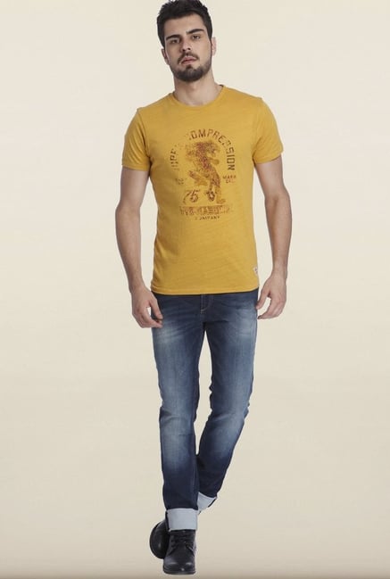 Jack & Jones Yellow Printed Cotton Crew T-shirt Jack & Jones Yellow Printed Cotton Crew T-shirt