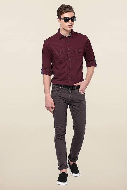 Jack & Jones Maroon Solid Slim Fit Casual Shirt Jack & Jones Maroon Solid Slim Fit Casual Shirt