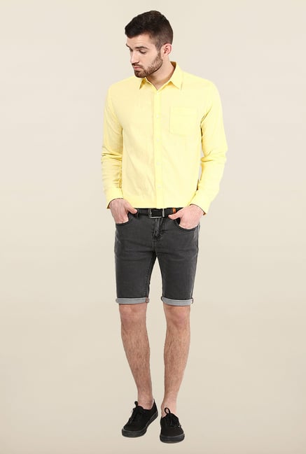 Jack & Jones Yellow Solid Linen Casual Shirt Jack & Jones Yellow Solid Linen Casual Shirt
