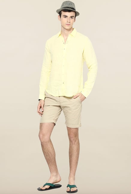 Jack & Jones Yellow Solid Linen Casual Shirt Jack & Jones Yellow Solid Linen Casual Shirt