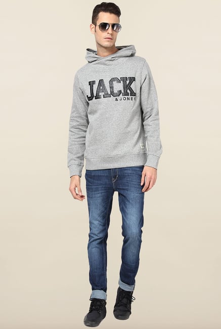 Jack & Jones Light Grey Printed Hoodie Jack & Jones Light Grey Printed Hoodie