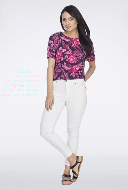 Femella Blue & Pink Floral Printed Crop Top Femella Blue & Pink Floral Printed Crop Top