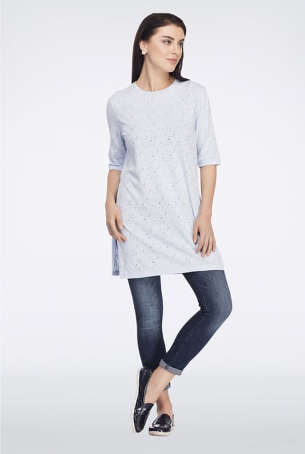 Femella Blue Printed Side Slit Top Femella Blue Printed Side Slit Top