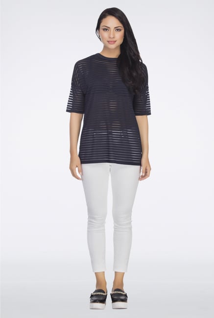 Femella Navy Sheer Striped Top Femella Navy Sheer Striped Top