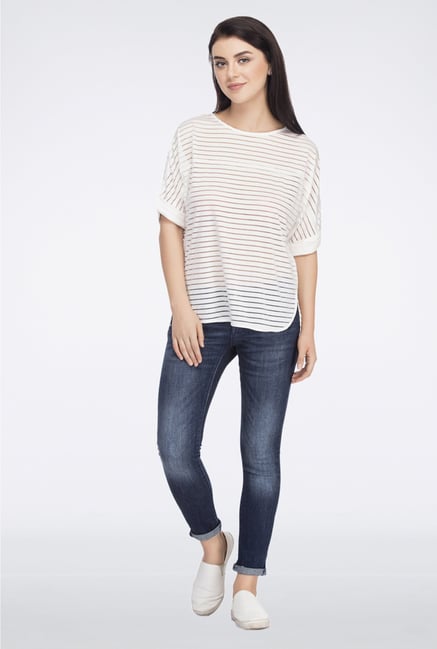 Femella White Striped Back Slit Boxy Top Femella White Striped Back Slit Boxy Top