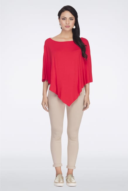 Femella Red Asymmetric Jersey Poncho Femella Red Asymmetric Jersey Poncho