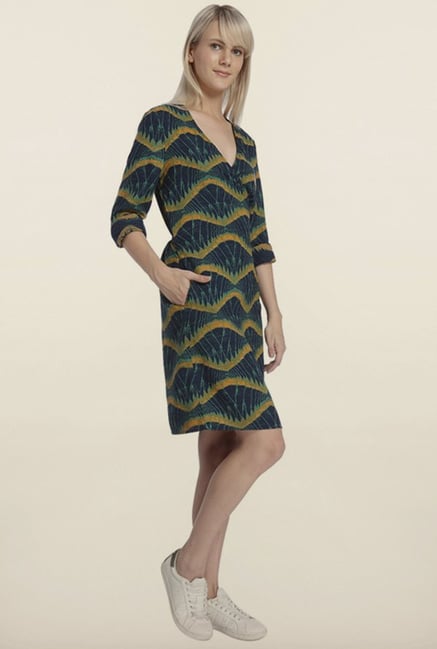 Vero Moda Navy And Yellow Printed Casual Dress Vero Moda Navy And Yellow Printed Casual Dress