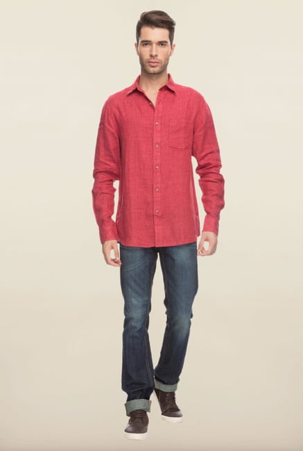 Cottonworld Red Solid Slim Fit Casual Shirt Cottonworld Red Solid Slim Fit Casual Shirt