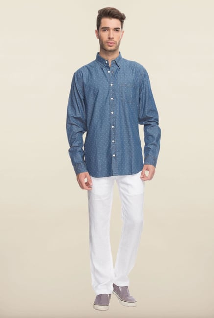 Cottonworld Blue Printed Denim Casual Shirt Cottonworld Blue Printed Denim Casual Shirt