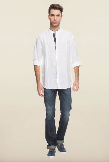 Cottonworld White Solid Linen Casual Shirt Cottonworld White Solid Linen Casual Shirt