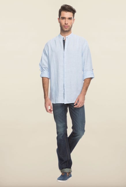 Cottonworld Sky Blue Solid Linen Casual Shirt Cottonworld Sky Blue Solid Linen Casual Shirt