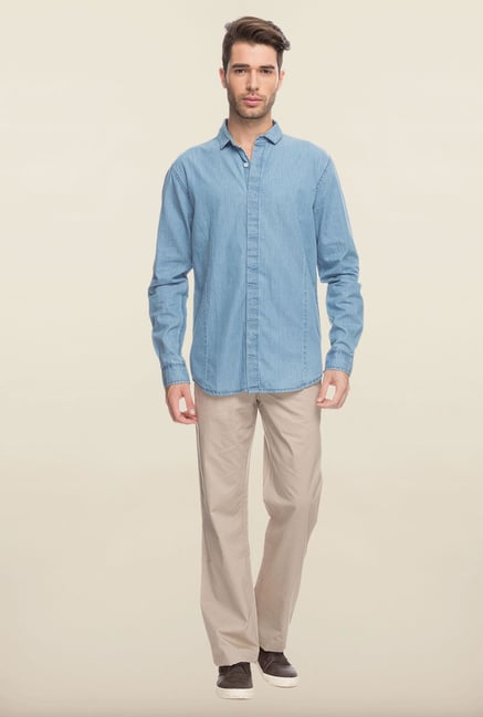 Cottonworld Denim Blue Solid Denim Casual Shirt Cottonworld Denim Blue Solid Denim Casual Shirt