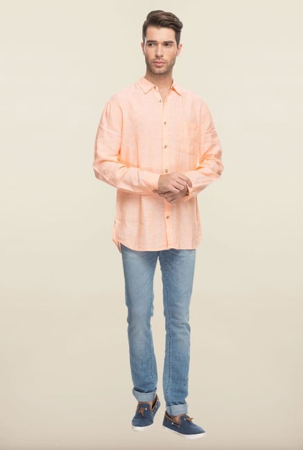 Cottonworld Orange Solid Linen Casual Shirt Cottonworld Orange Solid Linen Casual Shirt