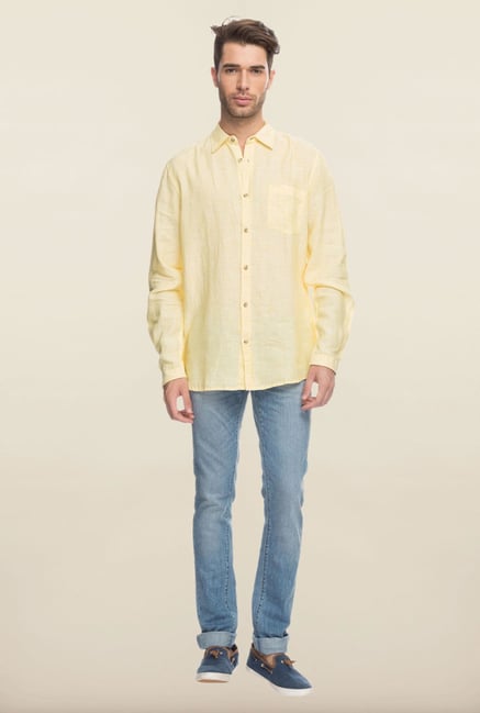 Cottonworld Yellow Solid Linen Casual Shirt Cottonworld Yellow Solid Linen Casual Shirt