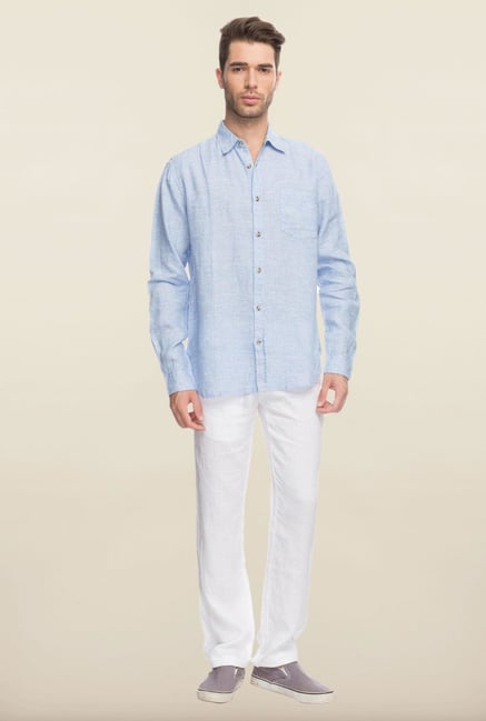 Cottonworld Blue Solid Linen Casual Shirt Cottonworld Blue Solid Linen Casual Shirt